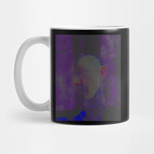 Portrait, digital collage and special processing. Masterpiece. Man looking to car window, reflection. Colorful. Mug